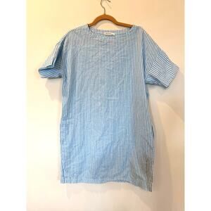 LA Relaxed Organic Cotton Linen T Shirt Dress M Turquoise White Stripe Pockets